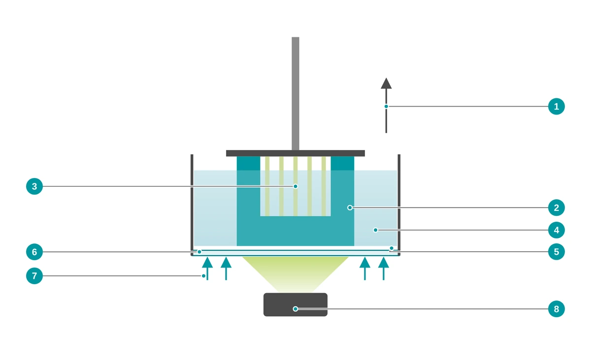 Schematische Darstellung des CLIP-Verfahrens: Projektor unter einer Harzwanne mit sauerstoffdurchlässigem Fenster, Dead Zone, kopfüber hängendes Bauteil mit Stützstrukturen an einer nach oben fahrenden Bauplattform